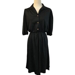 Vintage Doo-Dads Polka Dot Black Midi Dress French-Girl Retro Cottagecore M/L
